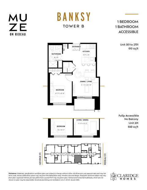 Floor plan for 1 bed, 1 bath, 610 sqft